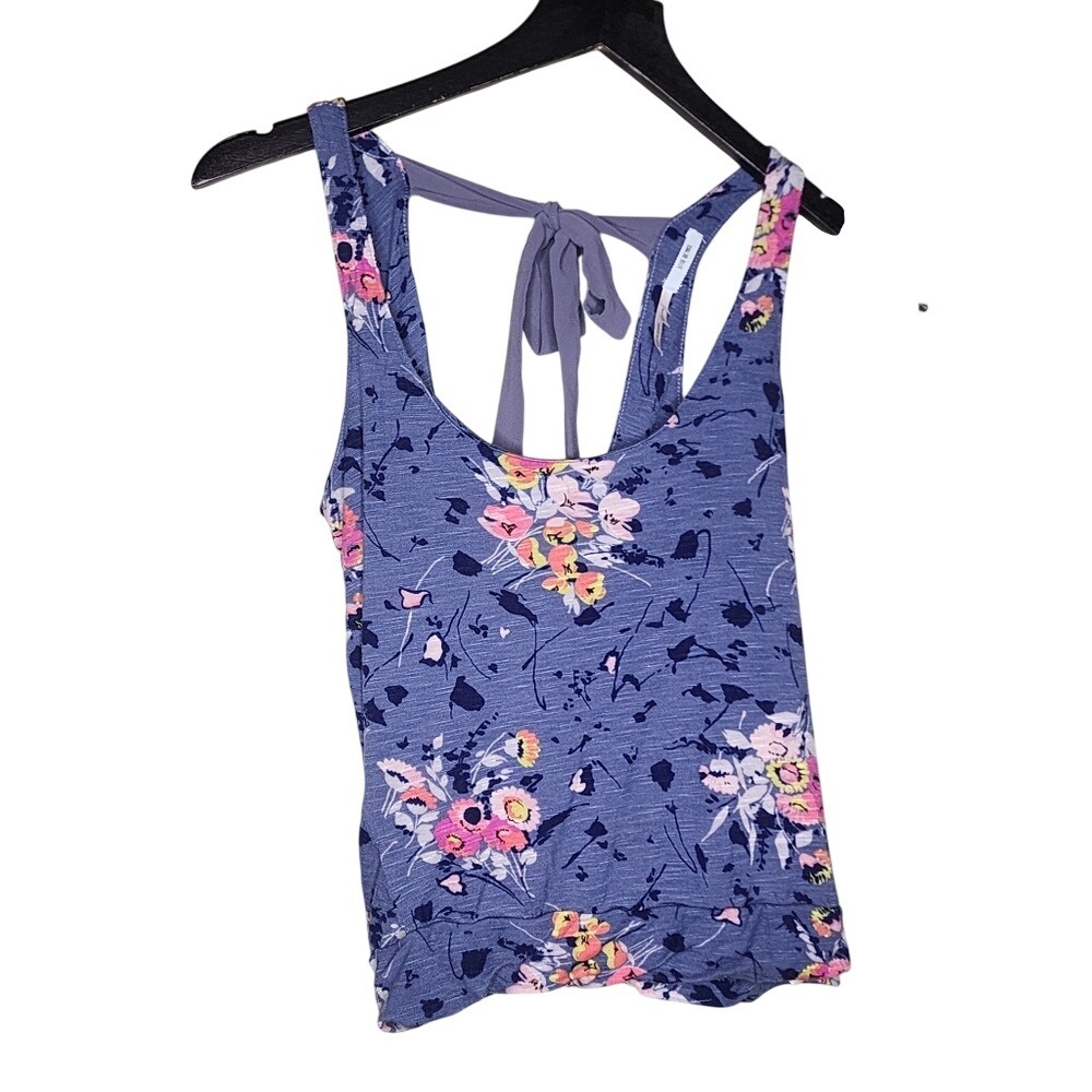 Kimchi Blue Sleeveless Top Floral Blue Pink Crossover Back Tie Neck Scoopneck XS